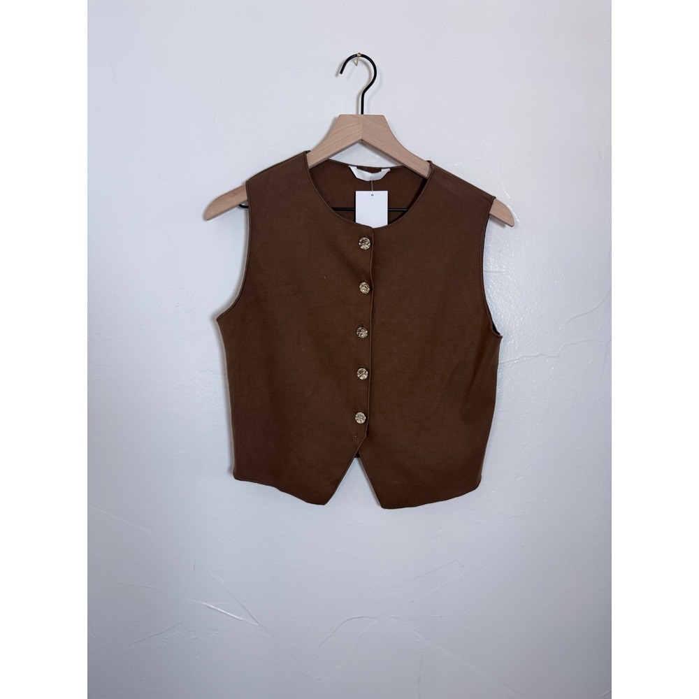 NWT H&M Brown Cropped Jersey Vest Gold Button Sleeveless Fitted Top